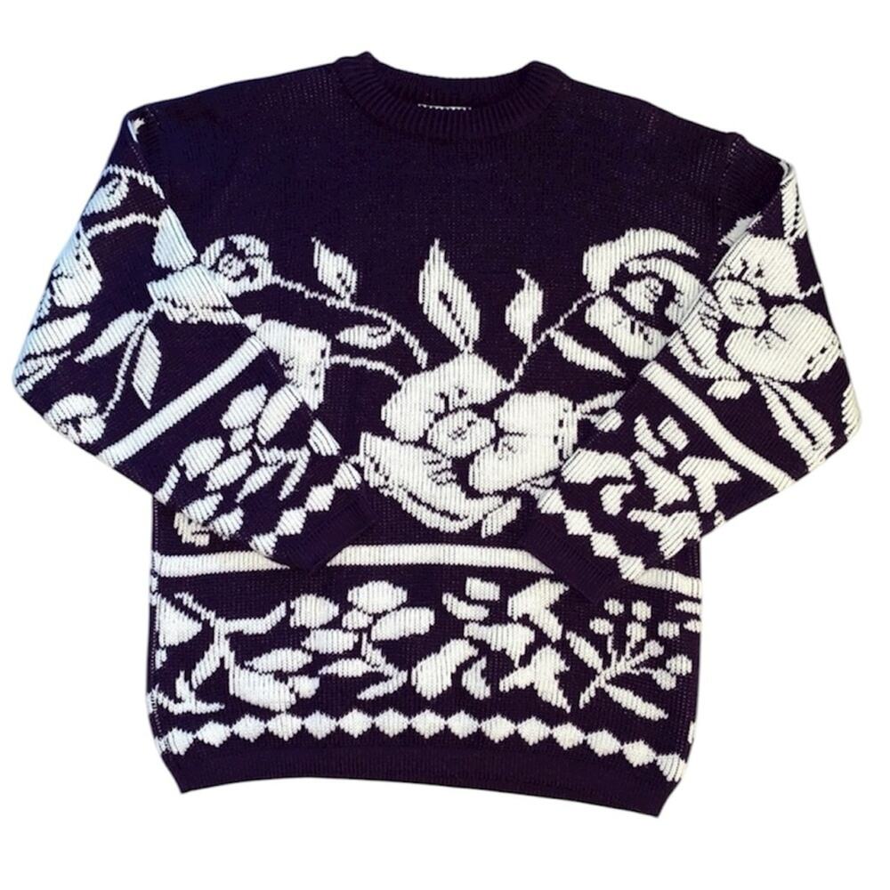 Vintage United States Purple & White Retro Whimsical Y2K Floral Sweater Medium
